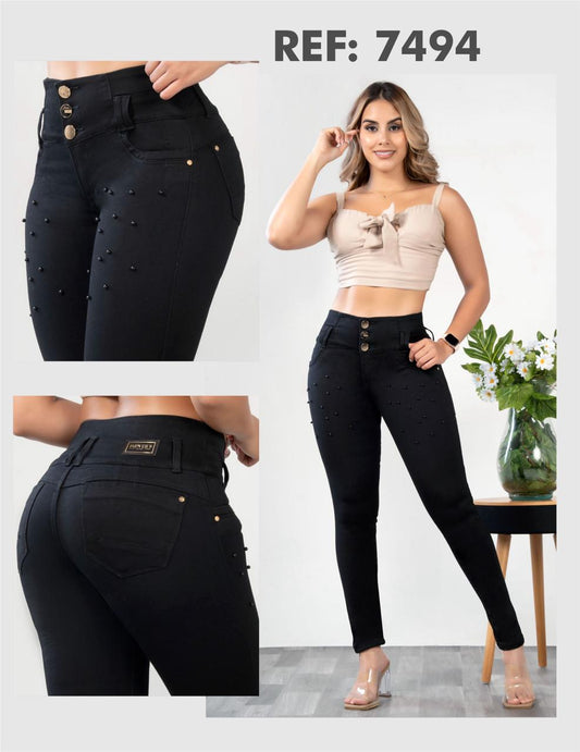 JEAN  NEGRO 3 BOTONES CON PERLAS 7494